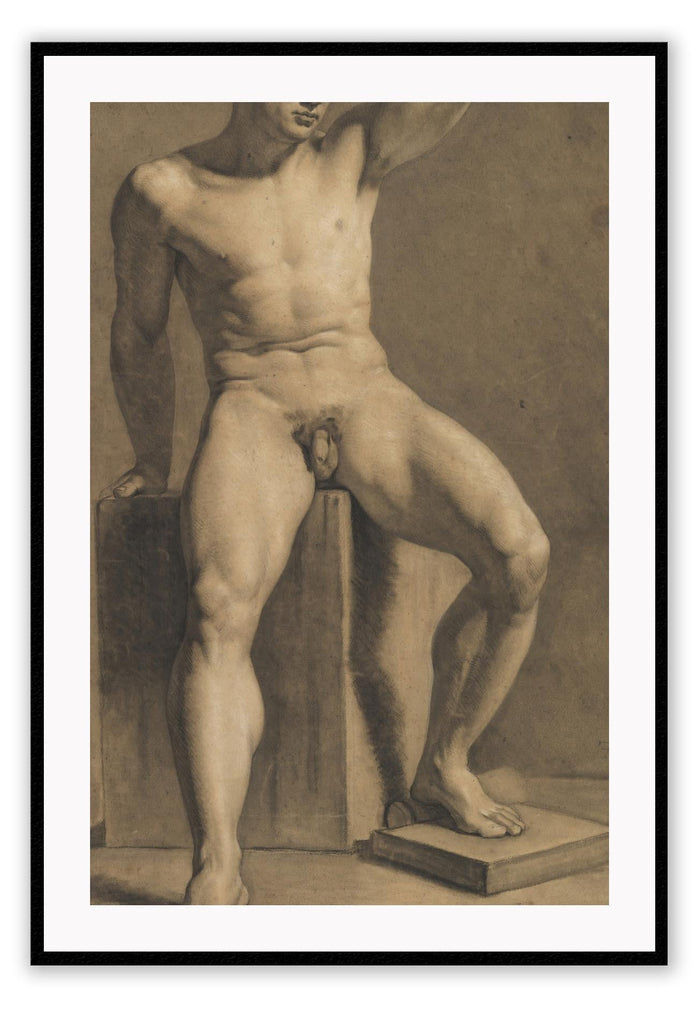 Vintage painting style art print featuring a nude man sitting on a concrete cube with his arm in the air.