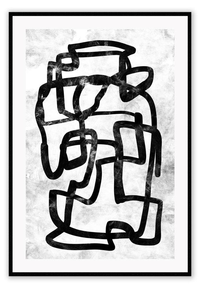 Modern abstract art print featuring a continuous black and grey squiggly line on a white textured background.