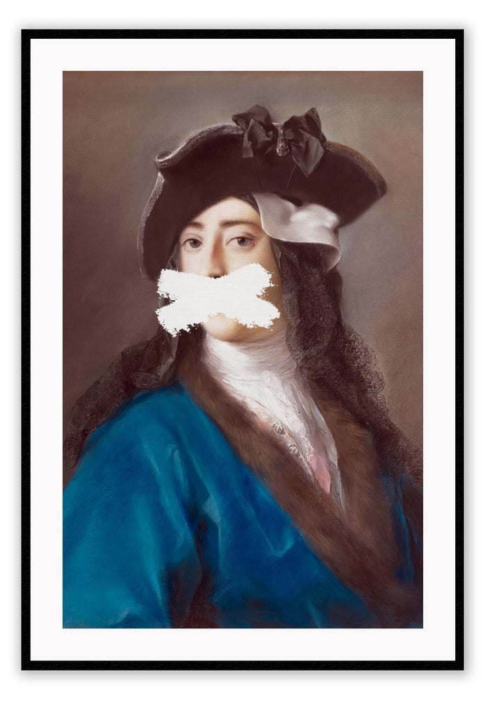 Vintage style painting print with a man in a napoleon hat and blue robe on a grey background with a white cross painted on the mouth.