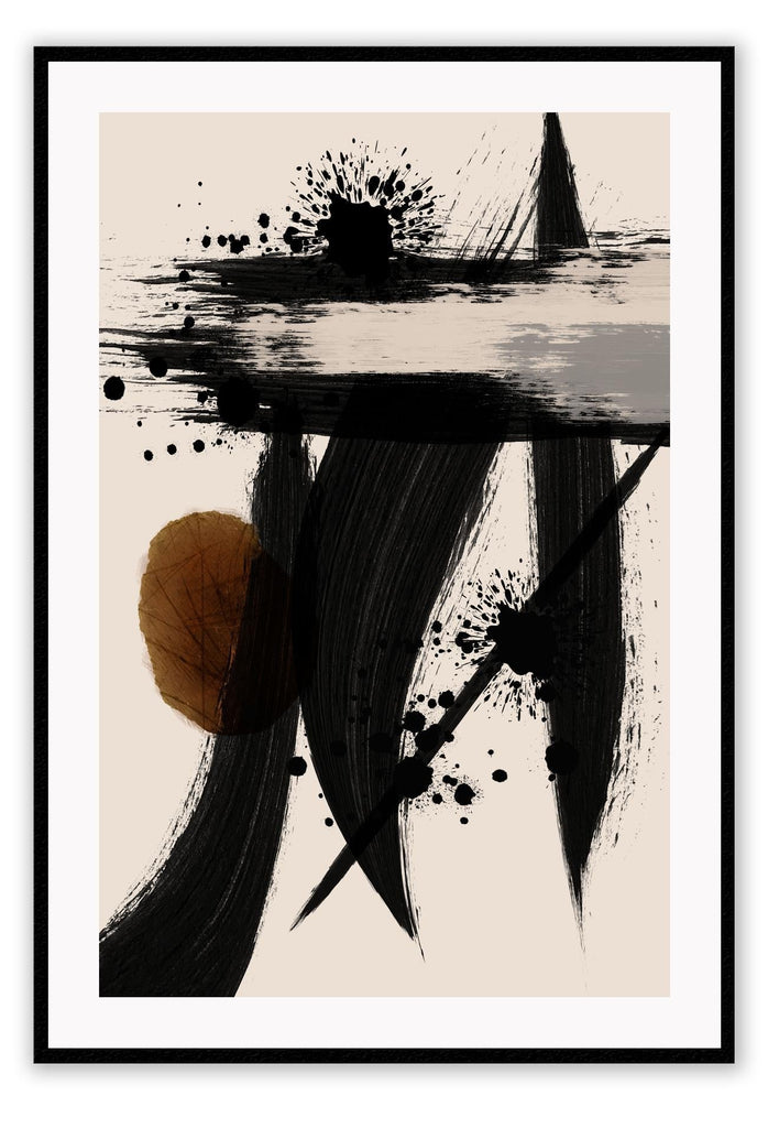 Abstract print with four chunky black brushstrokes and splatters of black and rust paint on a plain beige background.