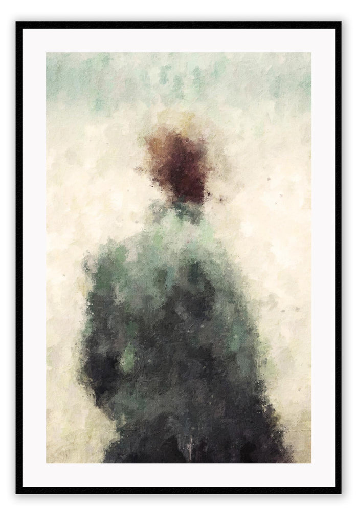 Brushstroke textured abstract print with green and dark red tones forming a dark silhouette on a beige background.