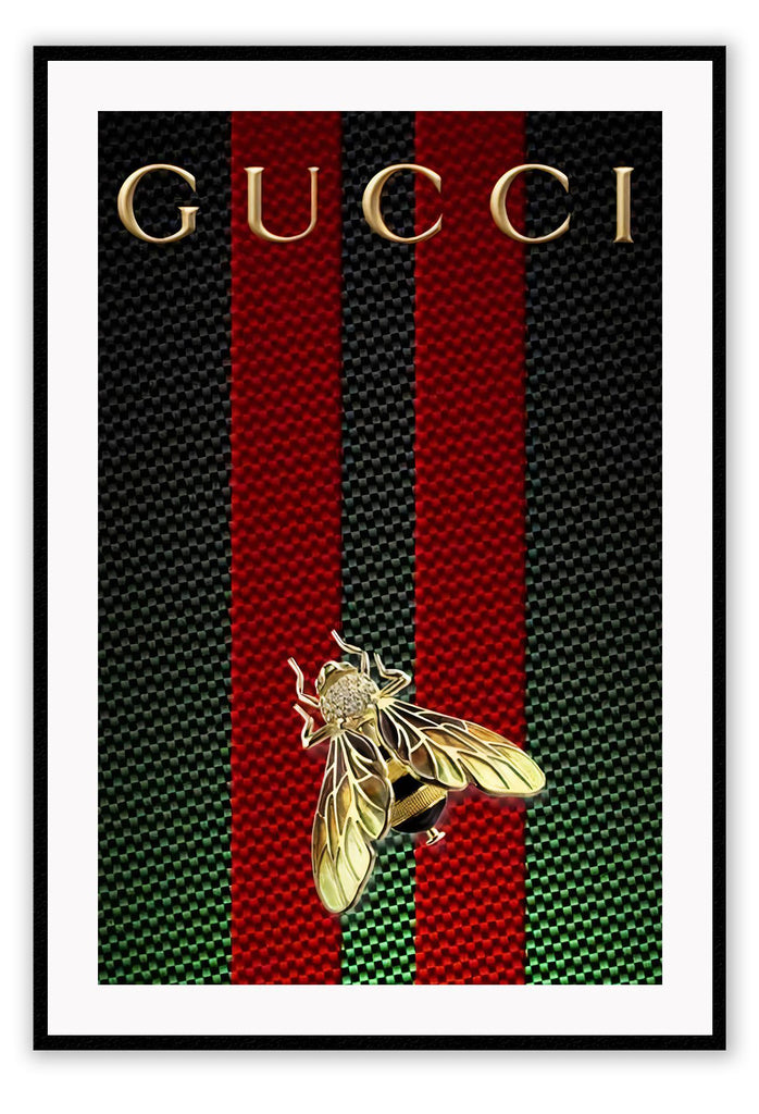 Print with Gucci logo and a bee in gold in the centre on a green and black checkered background with two vertical red stripes
