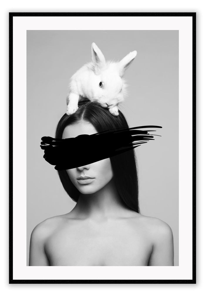 Sexy fashion lady woman with white rabbit black and white minimal stroke across eyes 