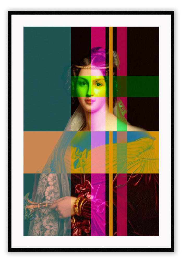 Pixel render of Queen Royal with orange pink and green colourful print portrait 