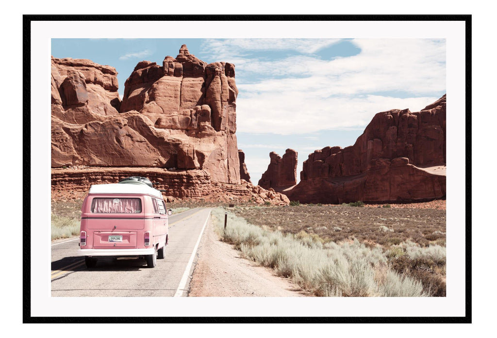 Desert combi van road pink rust blue sky grass open adventure 