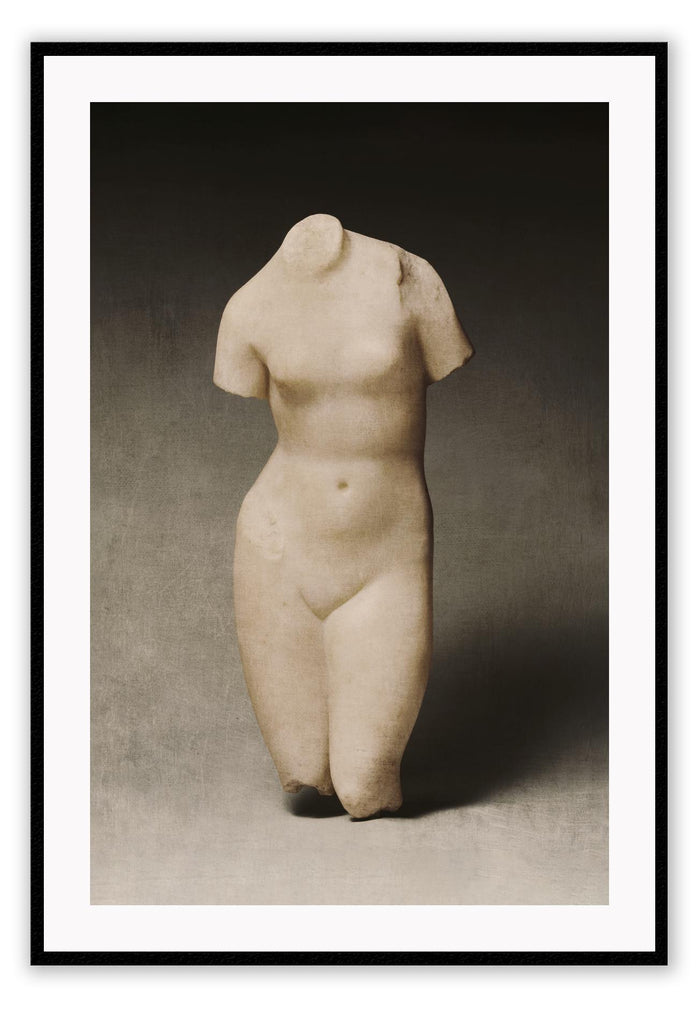 Modern vintage sculpture print portrait woman headless torso roman style green background nude lady beige.