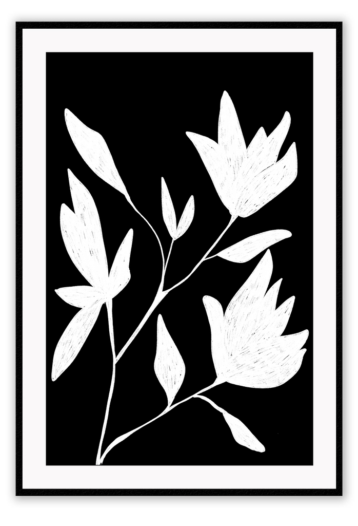 Floral sketch hamptons print black and white with paper texture minimal and portrait 