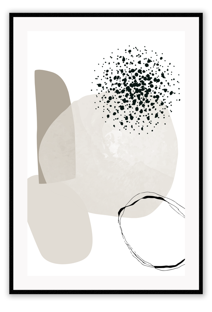 Beige cream white tones in circles on plain background, minimal print with black spots and circles 