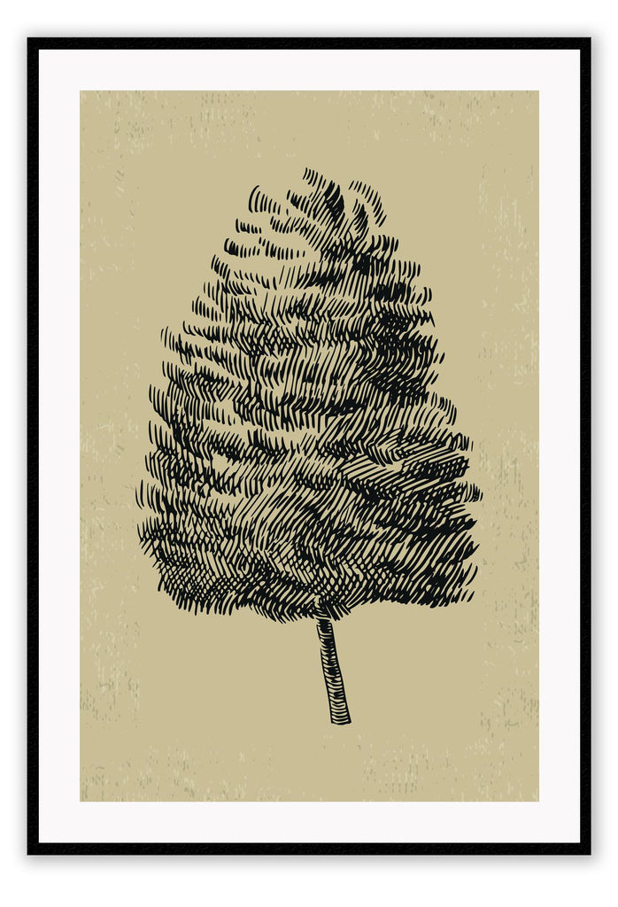 Tree sketch blowing in wind in black with texture and natural beige background portrait print 