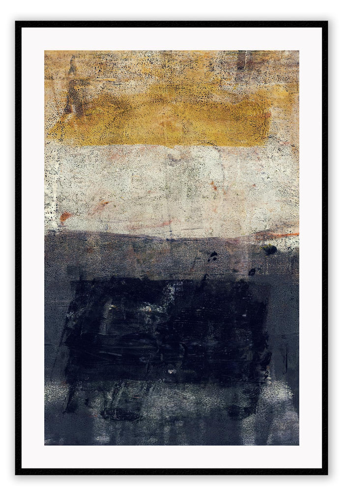 Abstract textured print brushstrokes in gold, yellow, navy, blue cream lines colourblock