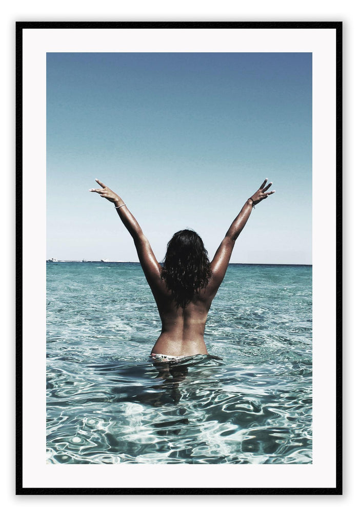 Photography fashion woman tan in water nude sexy back facing camera freedom beach 