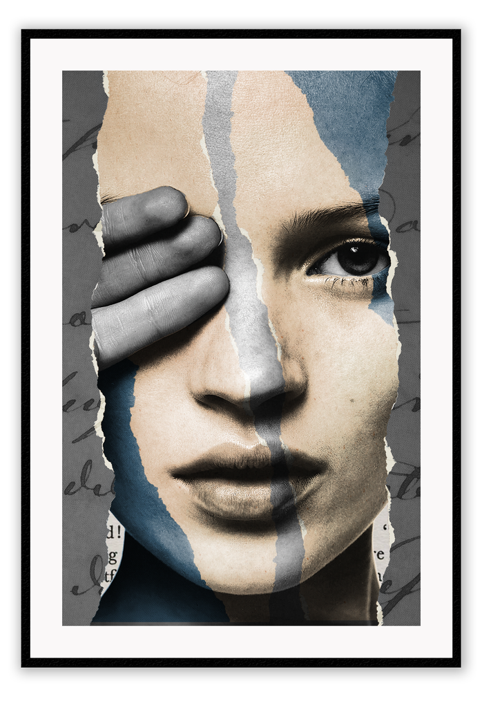 Modern black and white print of kate moss' face on ripped paper with cursive writing in the background.