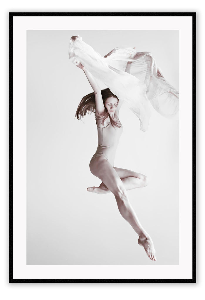 Neutral dancer woman lady jumping in air with white cloth on grey background legs point minimal print 