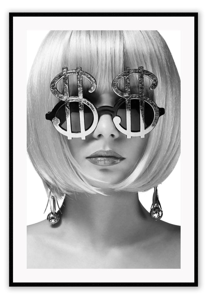 Woman print fashion wearing dollar sign glasses and short hair black and white sexy 