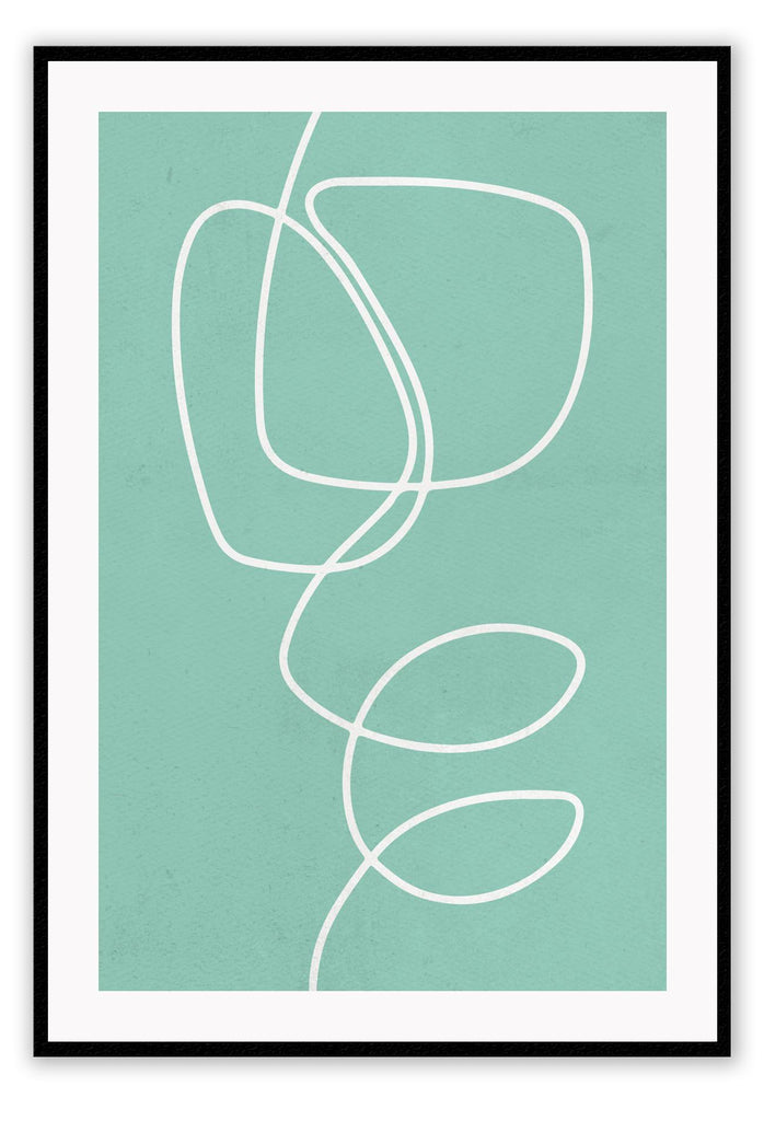 Abstract minimal print with turquoise background and white sqiggle portrait 
