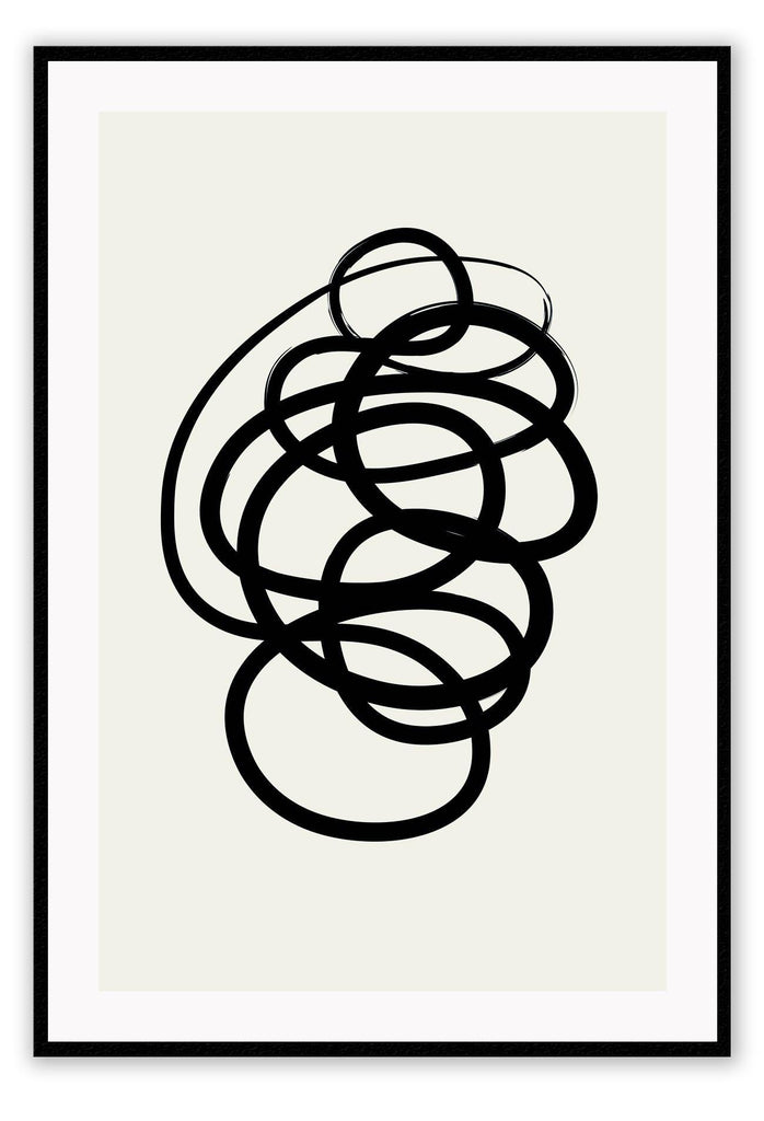 Abstract black and white squiggle print with textured black line and cream background 