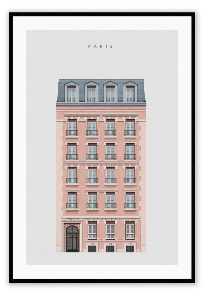 Paris urban architechture with pink and blue tones on a grey background with text 
