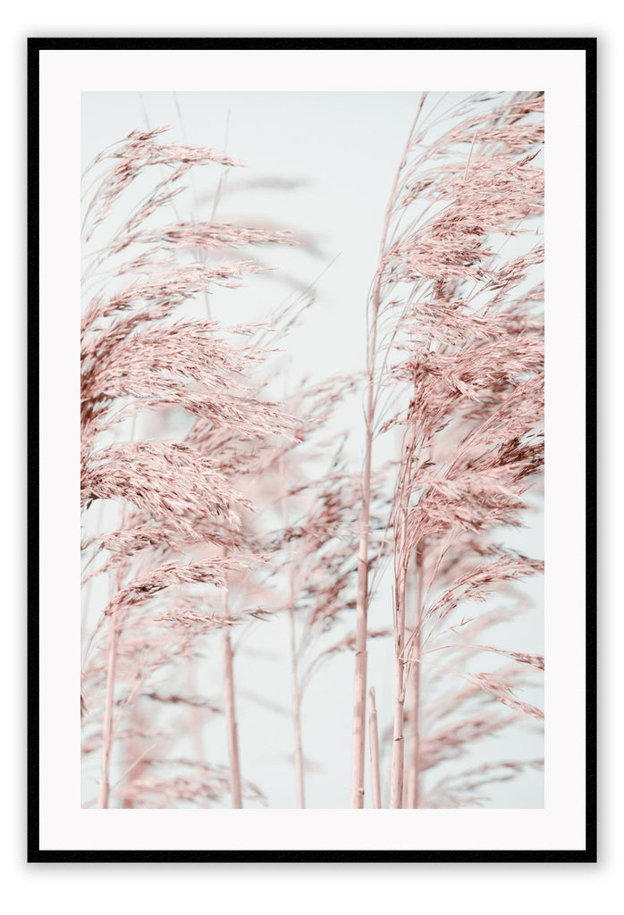 Natural minimal print with pink trees in blowing in wind and blue sky in background boho pastel style 