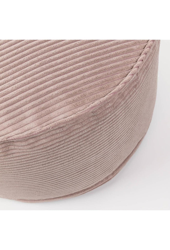Modern Round Pouf with Soft Dusty Pink Corduroy Upholstery and Piping on a White Background