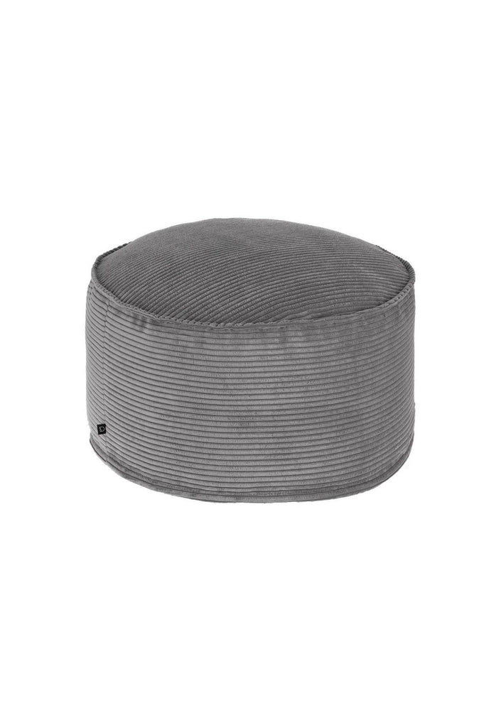 Modern Round Pouf with Soft Grey Corduroy Upholstery and Piping on a White Background