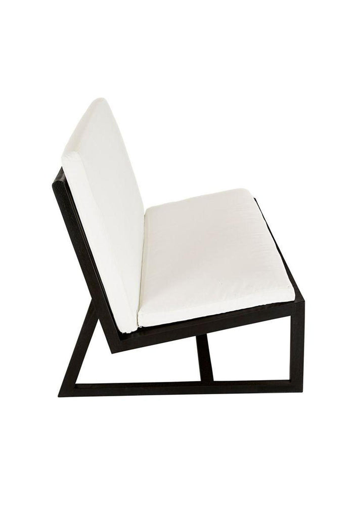 Armless Outdoor Sofa in Straight Lines with Large Rectangular Seat Cushions in White Upholstery and Black Teak Frame