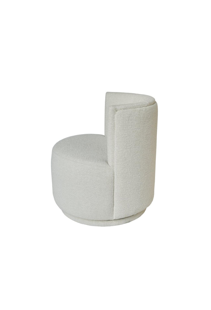 Armless occasional chair with a curved back rest fully upholstered in textured white pearl fabric on a white background