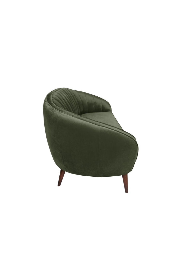 Elegant Olive Green Velvet Sofa with Curved Back Rest Featuring Panelled Plush Detailing and Dark Wooden Legs on White Background