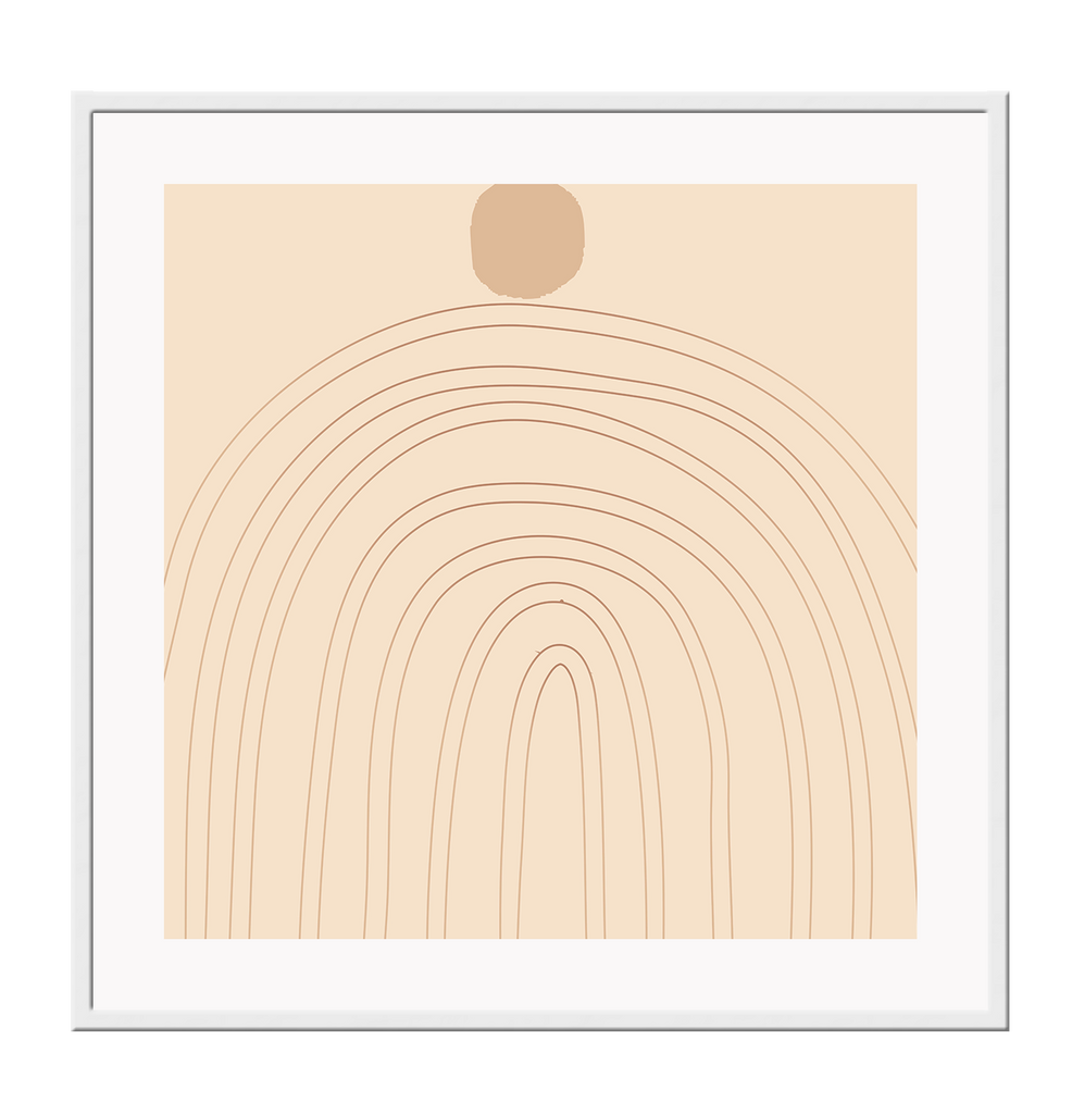 Abstract art print with beige curvy lines forming a rainbow shape and a beige dot on top on a light beige background.