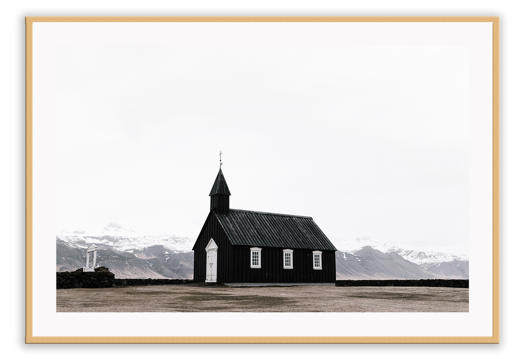 Landscape black and white church print architechture and background of natural fields 