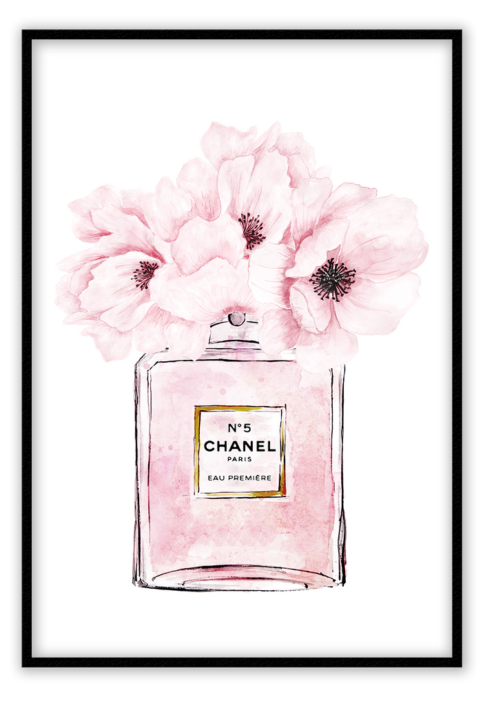 A fashion wall art with chanel N5 Paris pink perfume bottle and a pink flower lid. 