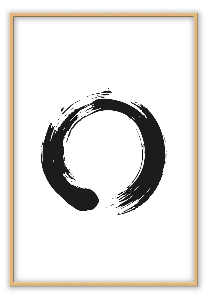 A simple, abstract wall art with a single black infinity ink ring on white background. 