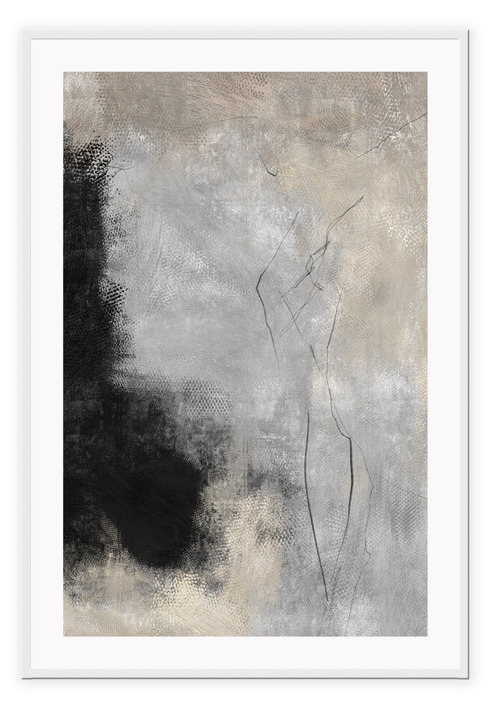 Painting style art print with textured patches of black, grey and beige colours and scattered thin black lines.