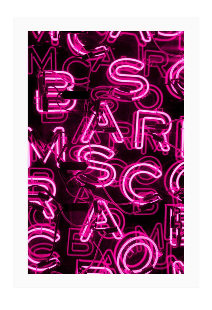 Bright pink neon sign typography fashion photograph print iconic designer  
