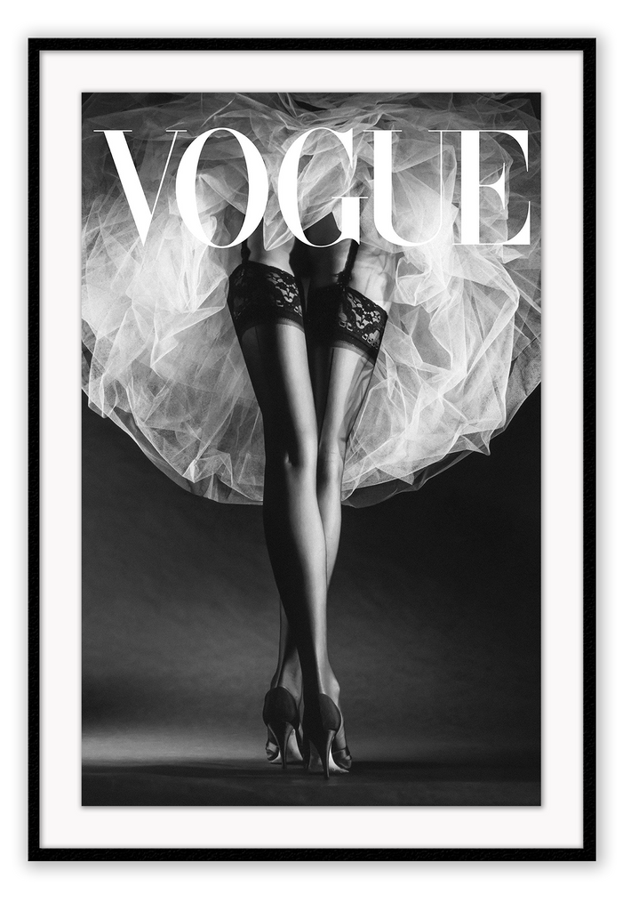 A black and white fashion wall art with ballerina legs on Vogue magazine background. 