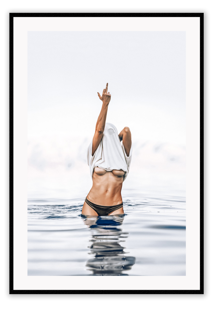 Woman photography beach sexy middle finger in water blue and white and nude