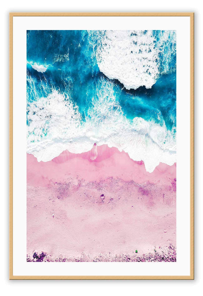 Pink sand ocean photography print with beach ocean sea coastal tones from aerial view. 