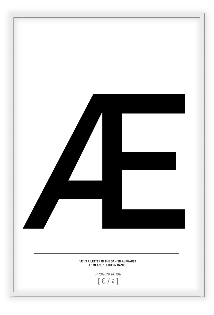 Scandi typography minimal print with AE black text on a white background  