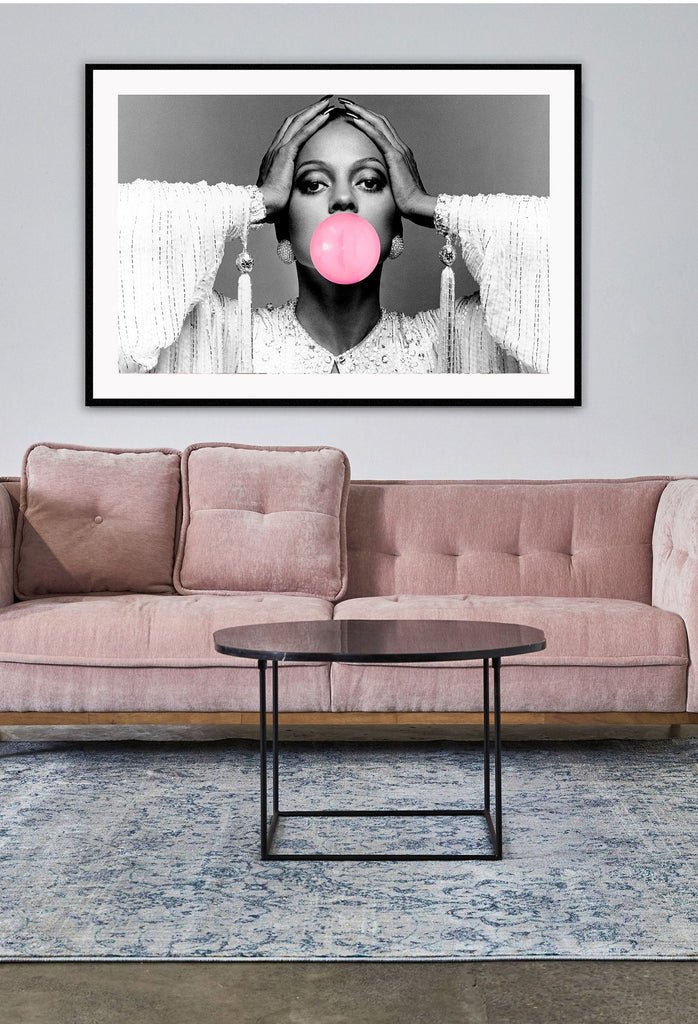 Landscape photography iconic celebrity diana ross bubble bubblegum print black and white pink 