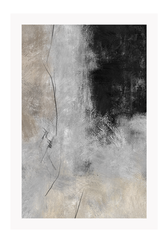Painting style art print with textured patches of black, grey and beige colours and scattered thin black lines.