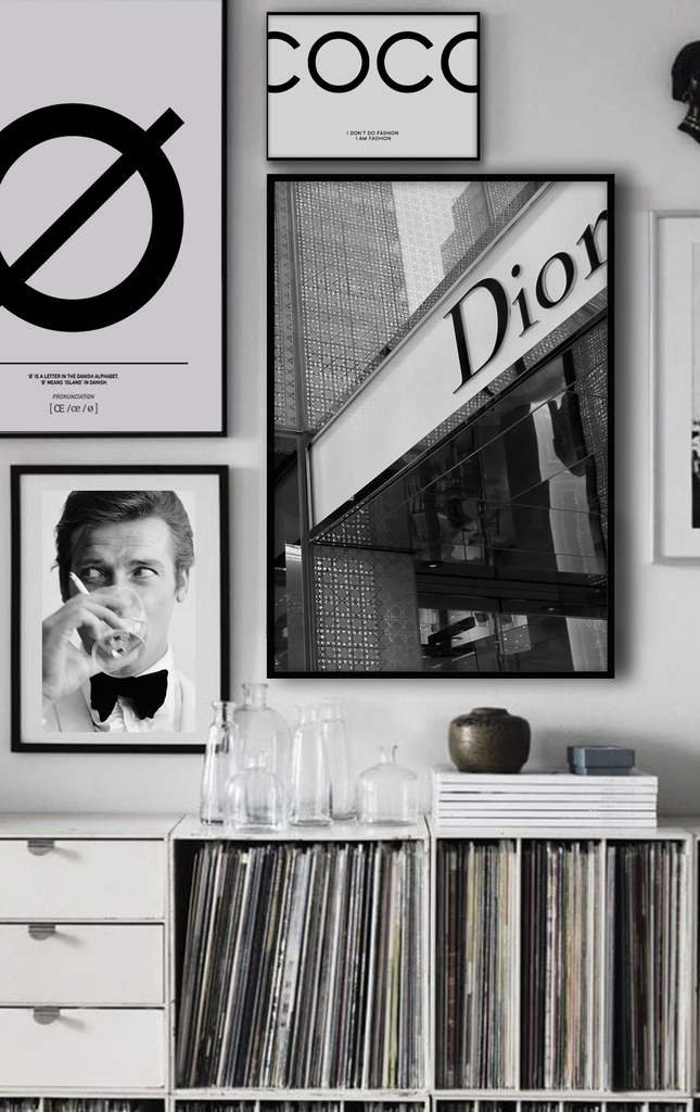 Christian Dior shop front fashion black and white print portrait, iconic 
