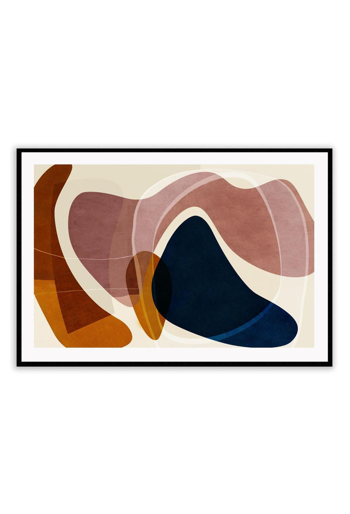 Abstract modern style print with pink, navy, rust and mustard tones in rounded shapes overlapping on a cream background.