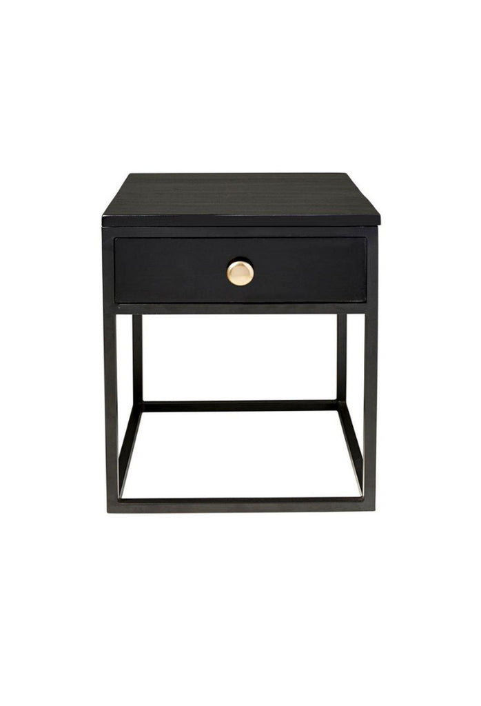 Sleek Black Bedside Table with black metal frame and small top drawer featuring a round brass gold handle on a white background