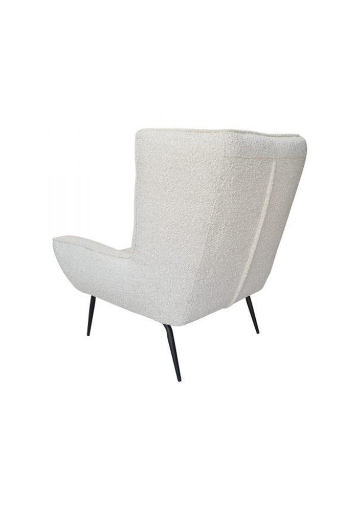 Winged Back Style Inspired Chair with High Back Rest Fully Upholstered in Ivory Boucle with Matching Cushion and Black Metal Legs