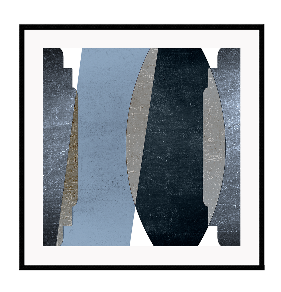Abstract style print with blue, grey and black shapes overlapping in rough concrete textures on a white background.