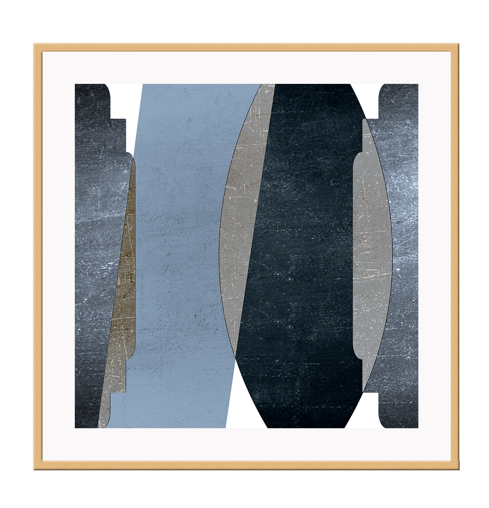 Abstract style print with blue, grey and black shapes overlapping in rough concrete textures on a white background.