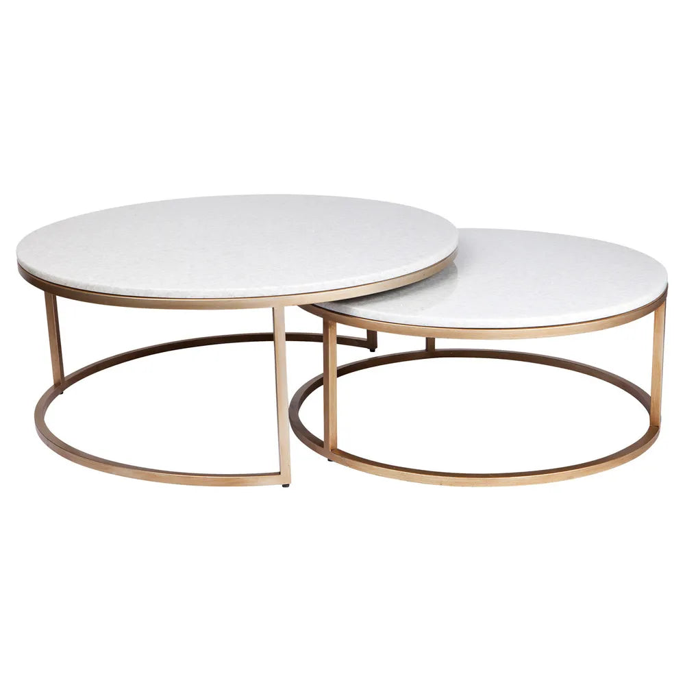 Two Round Nesting Coffee Tables with a White Quartz Looking Stone Top and a Sleek Antique Gold Metal Frame on a White Background