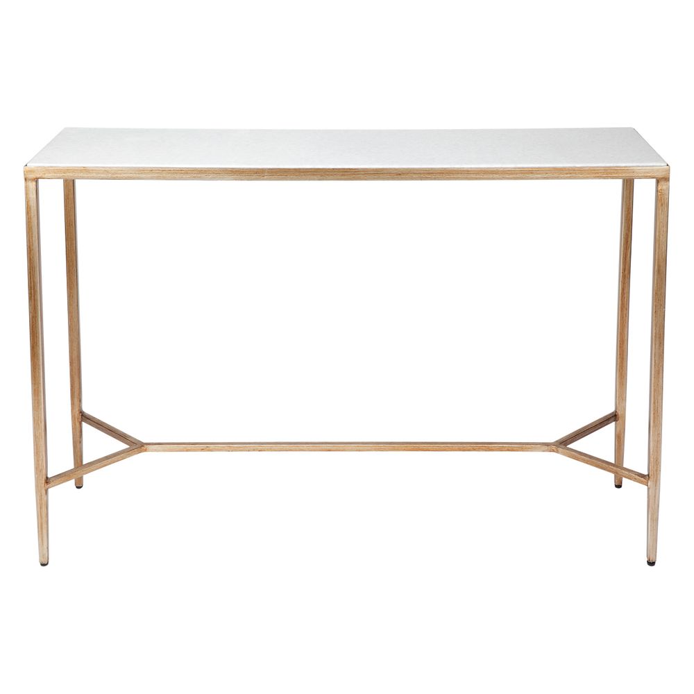 Console table with iron frame in antique gold finish with white stone table top on white background