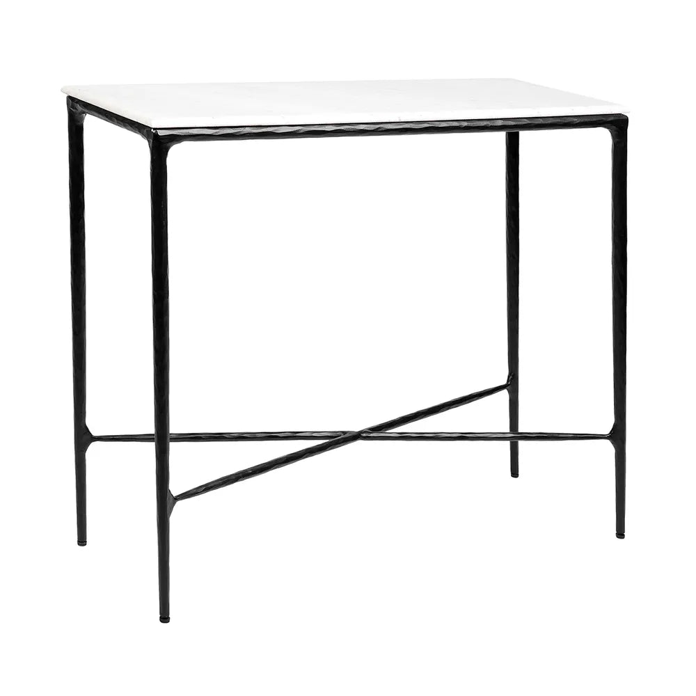 Console table with rectangular white table top and black metal base with hammered imperfect finish
