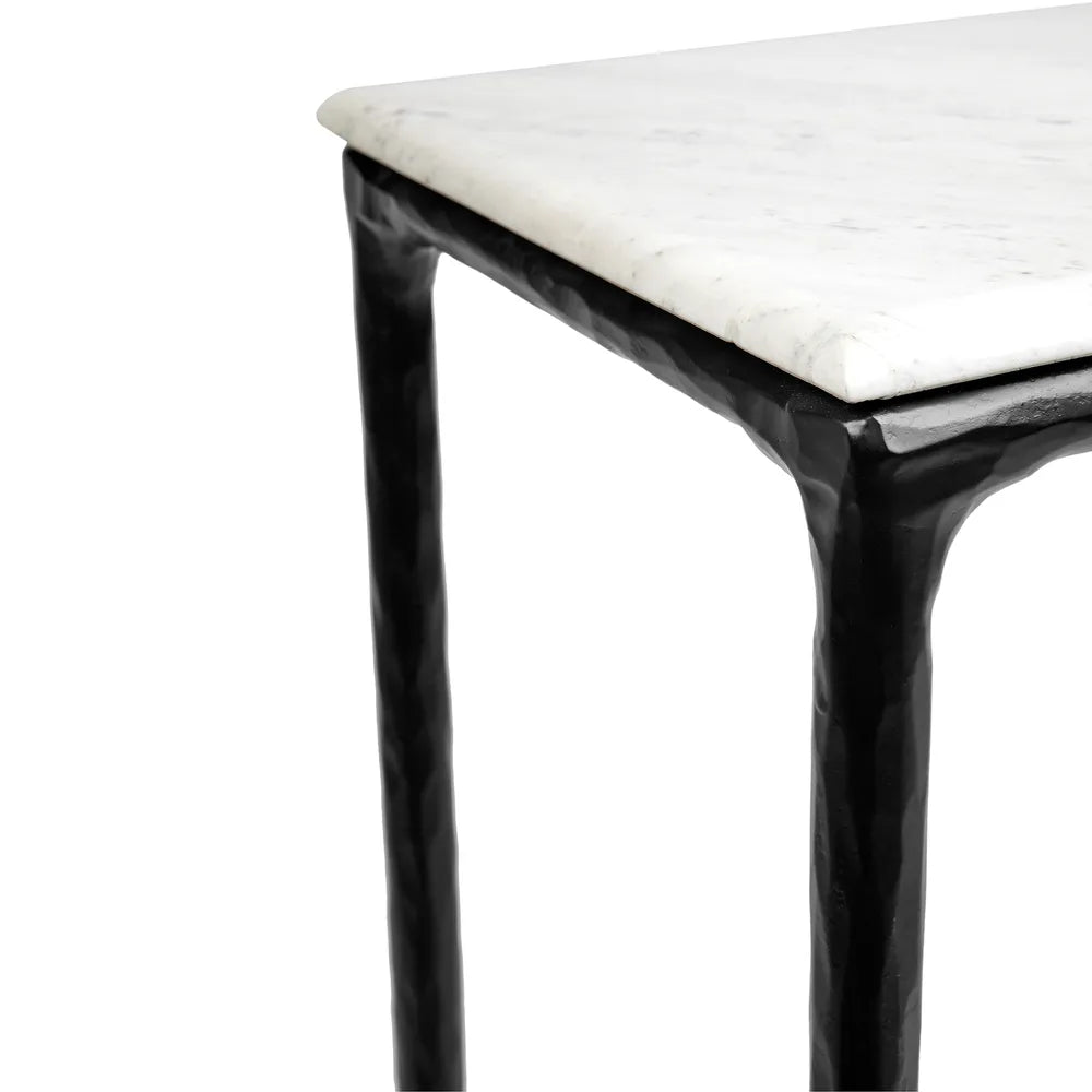 Console table with rectangular white table top and black metal base with hammered imperfect finish
