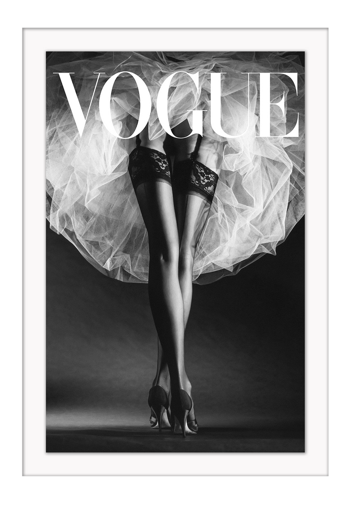 A black and white fashion wall art with ballerina legs on Vogue magazine background. 